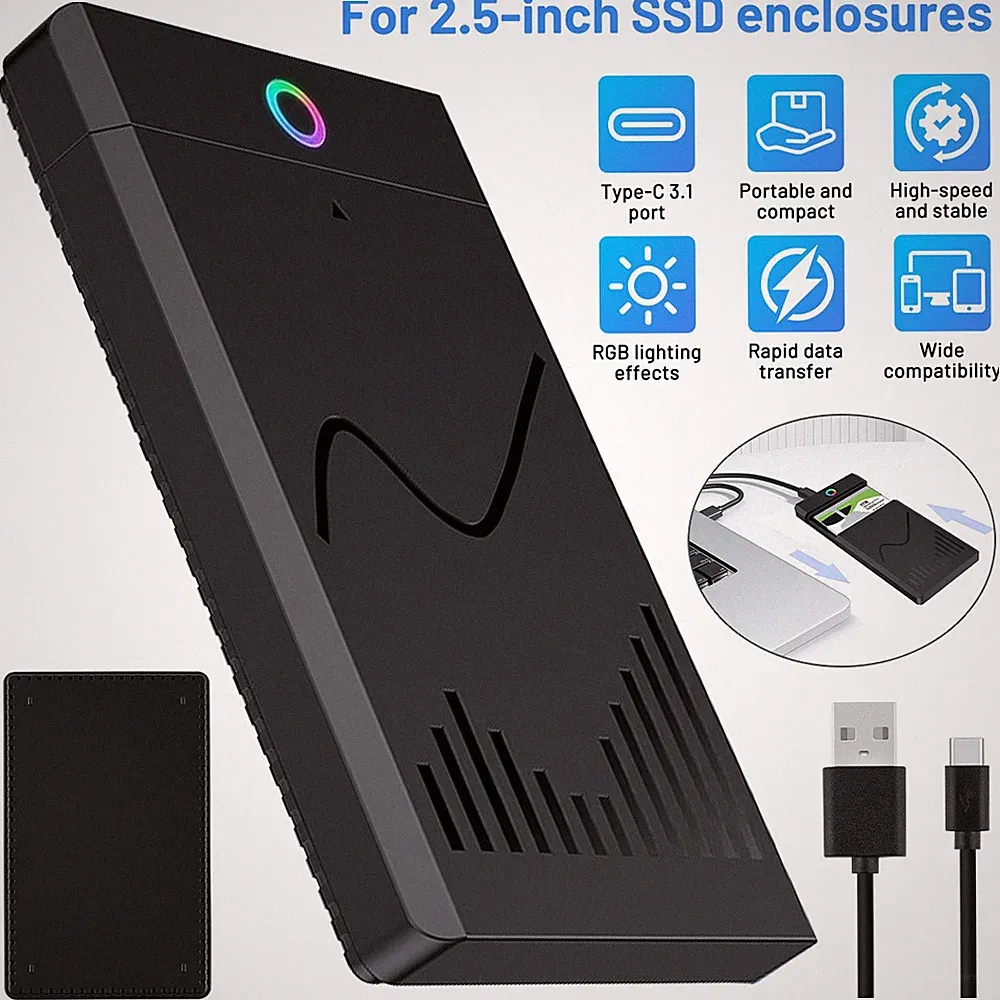 2.5" External Hard Drive Enclosure USB C 3.1 SATA SSD HDD Case Adapter RGB Light
