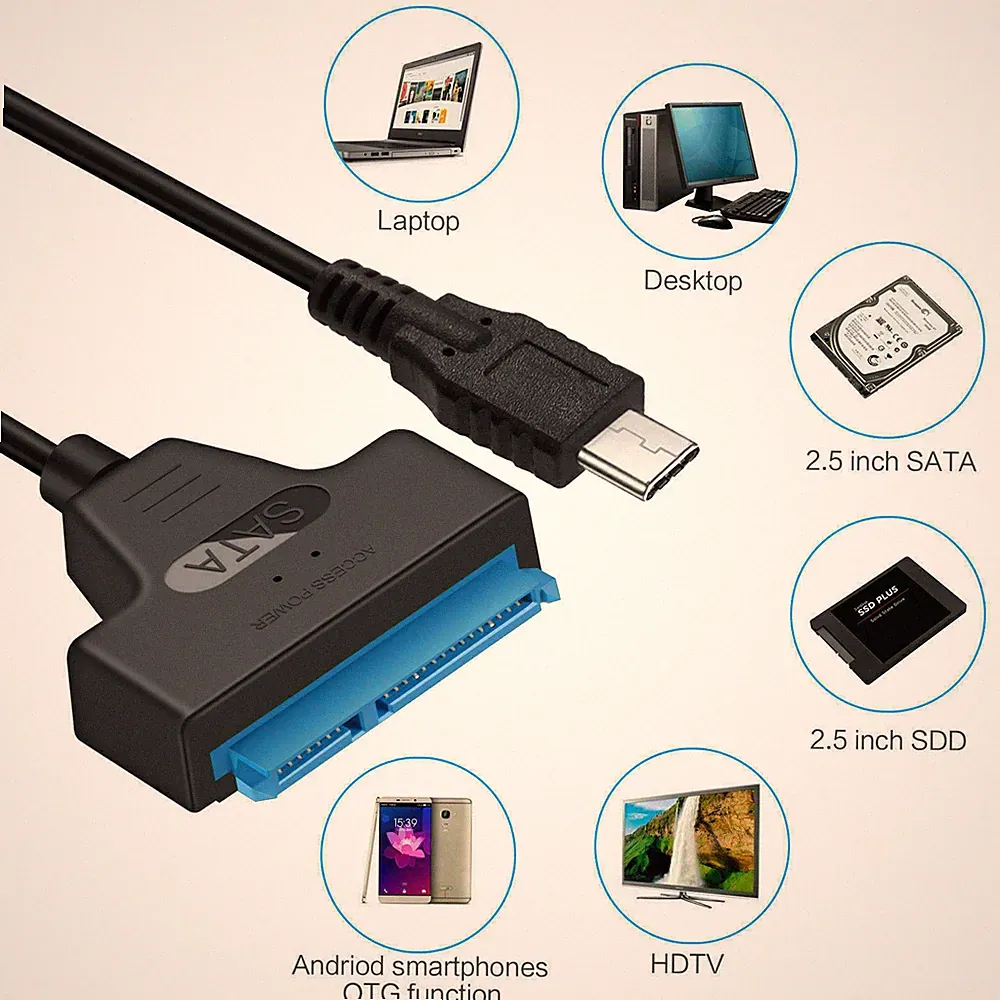 New USB 3.1 Type C to SATA III HDD SSD 2.5" Hard Drive Adapter Cable 22-Pin UASP