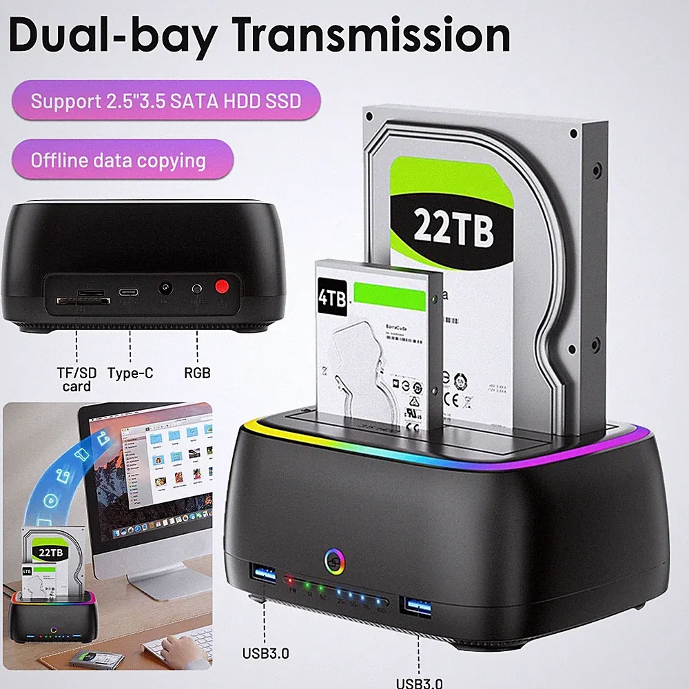 USB C 3.1 Hard Drive Docking Station 2 Bay for SSD HDD Duplicator Offline Copy